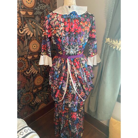 Vintage 70s Handmade Floral Long Ruffled 3/4 sleeve Dress w/ bustle - Picture 2 of 12